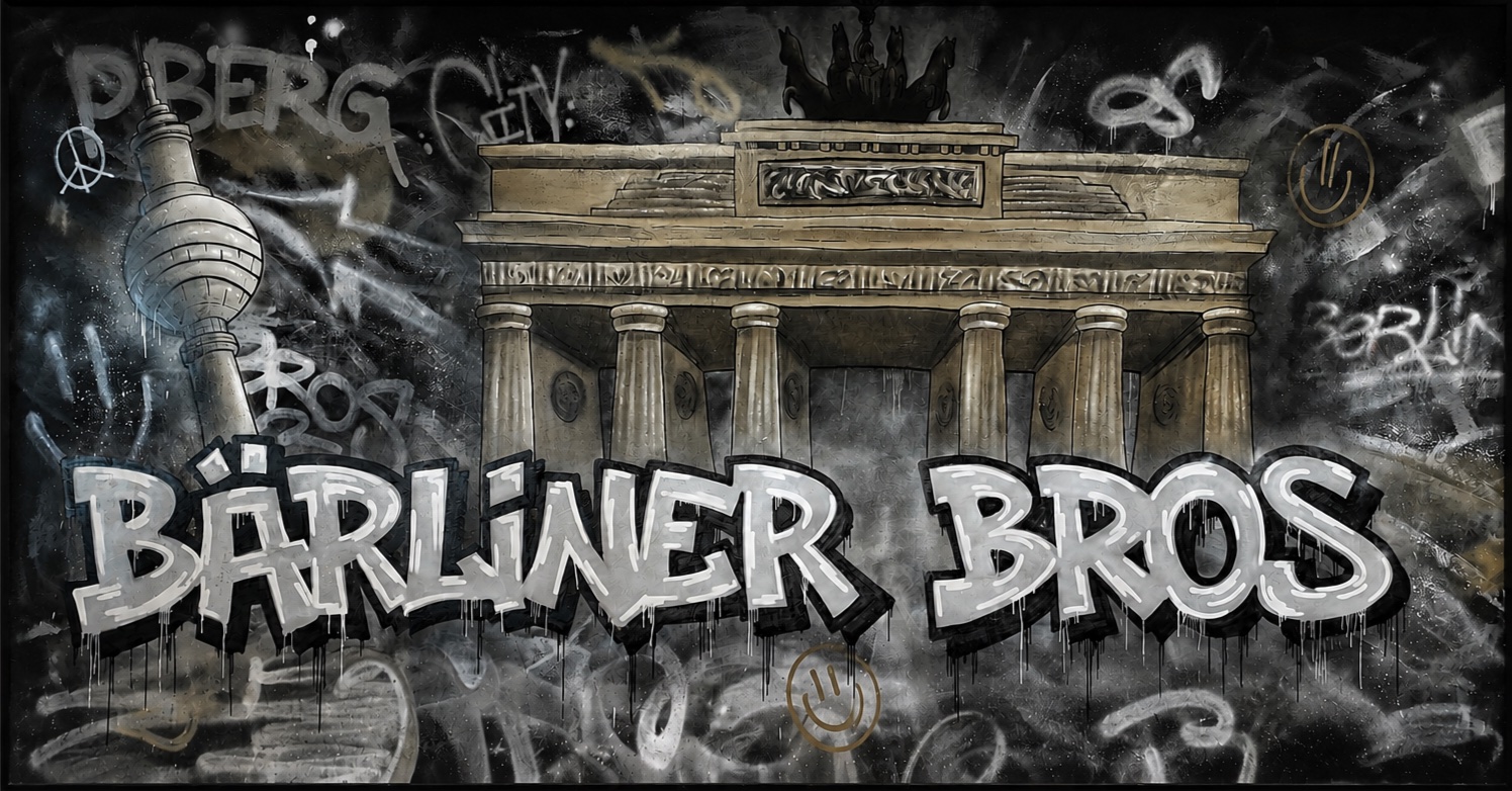 Bärliner Bros Graffiti-Artwork mit Brandenburger Tor und Fernsehturm